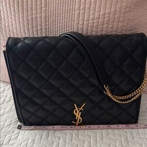 Saint Laurent Becky Black Quilted Lambskin Shoulder Bag w Gold YSL Accent LARGE